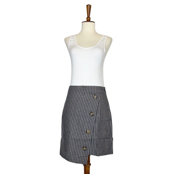 Chic Blue Denim Striped Asymmetric Pencil Skirt with Buttons - Picture 7 of 16